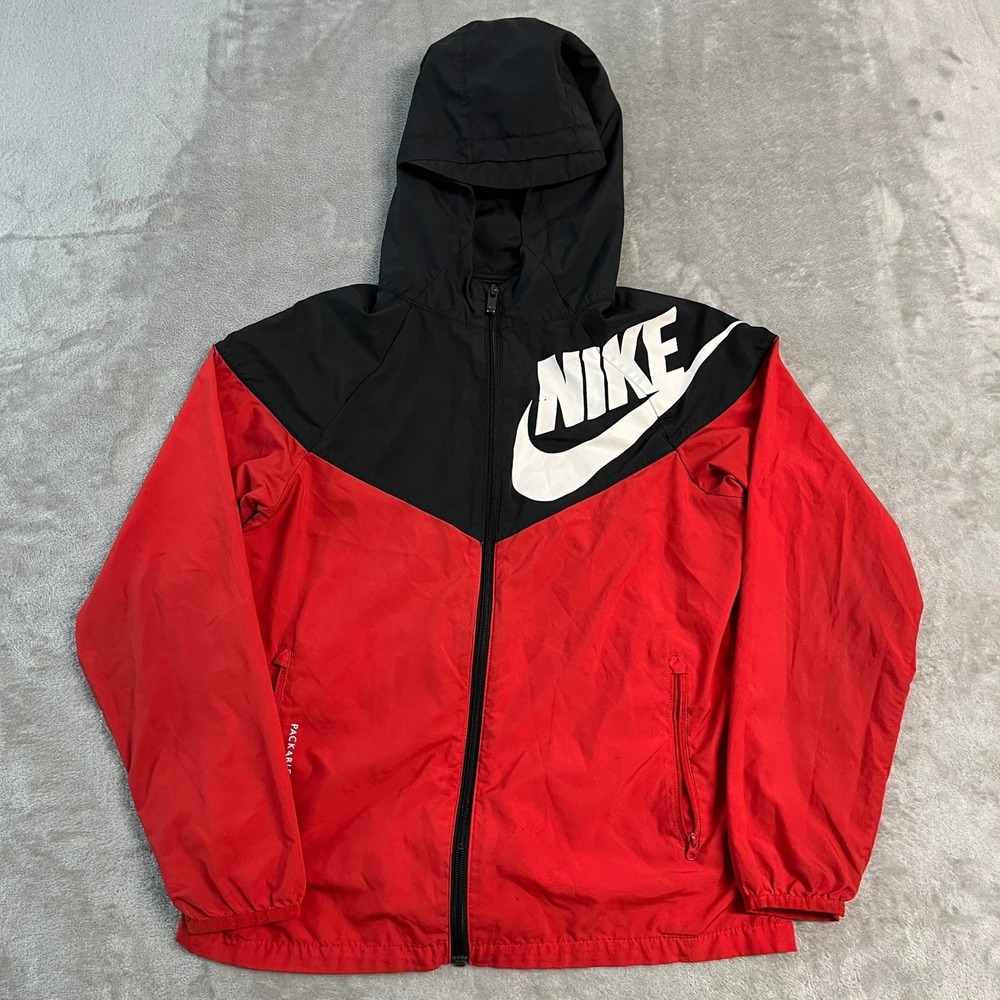 Nike Windrunner Windbreaker Jacket Red Black Youth L Big Logo Athleisure Casual